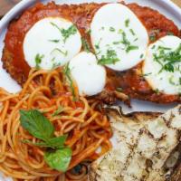Court St Parm · fresh mozzarella, house made tomato sauce, twist of spaghetti, cherry tomatoes