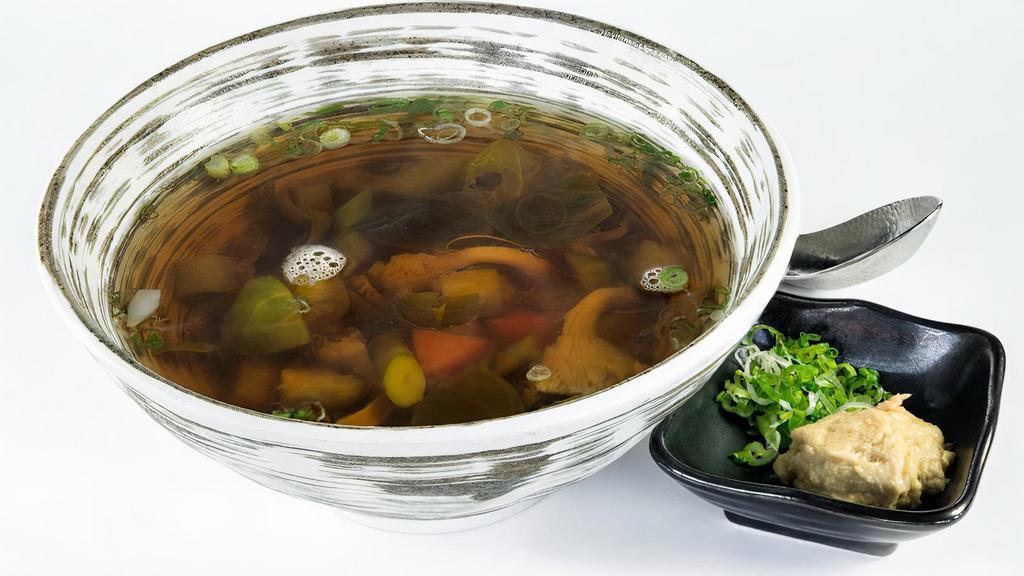 Seasonal Vegetable Soup · Bok Choi, Asparagus, Oyster Mushroom, Yellow Squash & Zucchini