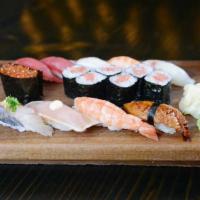 Sushi Deluxe · 1 piece of chu toro, tuna, yellow tail, salmon, whitefish, silver skin fish, binnaga, ebi, o...