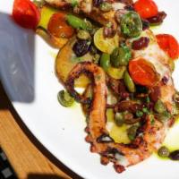 Octopus Baci · Grilled with cherry tomatoes, capers, olives, sliced potatoes, fresh herb lemon vinaigrette.