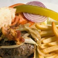 Roma Burger · 10 oz fresh ground beef lettuce, tomato, onions, handcut fries.
