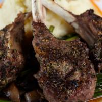 New Zealand Lamb Chops · grilled with herb seasoning, shiitake and bok choy stir fry.