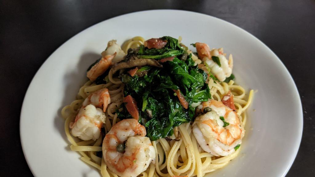 Linguine With Shrimp · mushrooms, capers, sun-dried tomatoes, bok choy, garlic olive oil.