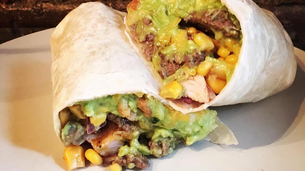Burrito · Whole Wheat or Flour Tortilla with Black Beans, Rice, Meat, Guac, Cheese, and any topping of your choice!