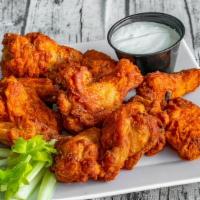 Homemade Wings (10) · Choice of BBQ sauce, mild or hot sauce.
with blue cheese or ranch on side