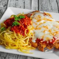 Chicken Parm · Breaded chicken topped with homemade tomato sauce and mozzarella.