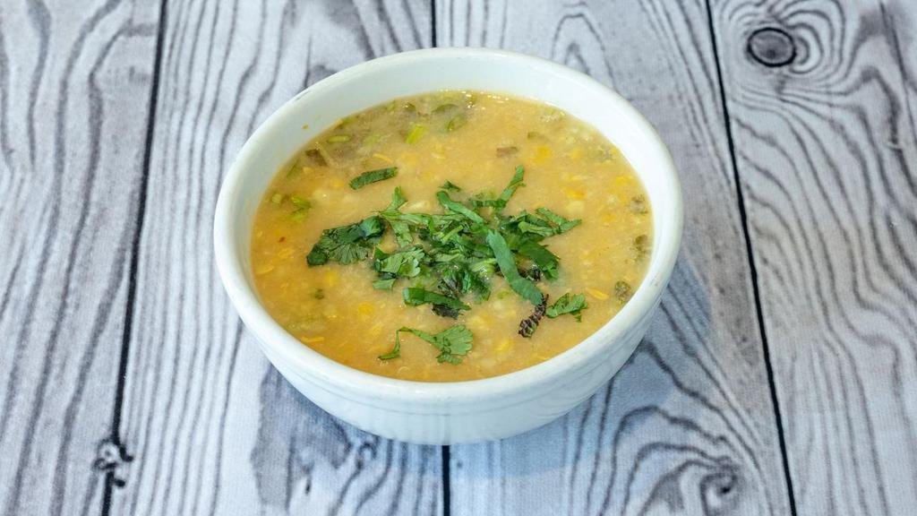 Spicy Corn Soup · Roasted Corn, red peppers, ginger, fresh cilantro