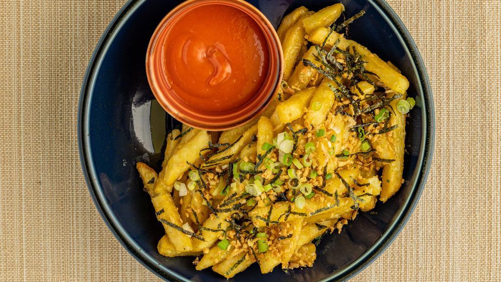 Wasabi Fries (Vegan) · Fries tossed in Wasabi Sauce, Sesame seeds, Nori and Scallions with Spicy Ketchup