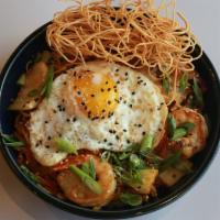 Chicken Chop Suey  · House Vegetables with noodles in a dark Savory Sauce topped with Fried Egg
