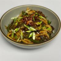 Chicken Udon Noodles · Udon noodles in a Smokey Soy sauce, Nori, Bok Choy & Peppers