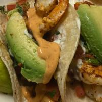 Camarones (Shrimp) · grilled shrimp  for three delicious and juicy tacos on a corn tortilla, topped with pico de ...