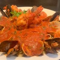 Fruit Of The Sea Pasta · linguine with marinara sauce clams mussels and shrimp