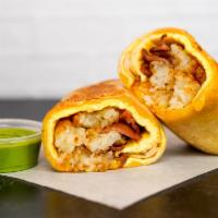 Bacon, Egg & Cheddar Breakfast Burrito · 3 fresh cracked, cage-free scrambled eggs, melted Cheddar cheese, smokey bacon, and crispy p...