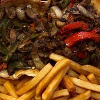 Mexican Grilled Cheesesteak Sandwich · Cebolla, pimientos y papas fritas. (Mexican grilled cheesesteak comes with onions, peppers, ...