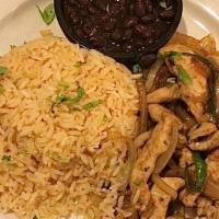 Salteado De Pollo (Sauteed Chicken) · Sautéed chicken in onions, peppers, tomato. Served with rice, beans, and tortillas.