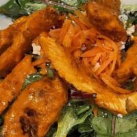 Buffalo Chicken Salad · Mixed greens, buffalo fried chicken, blue cheese crumbles, carrots, ranch dressing.