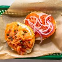 Hand Sliced Lox · Bagel, tomatoes, onions, capers, cream cheese.