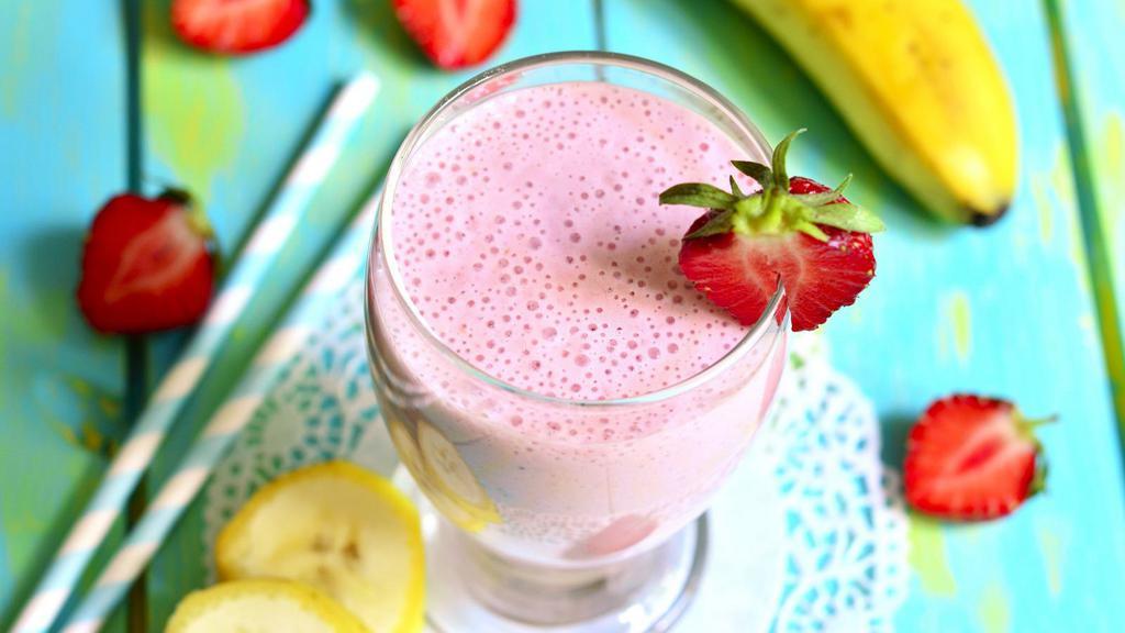 Super Energy Smoothie · Fresh banana, strawberries, apple, strawberry whey protein blended with orange juice.