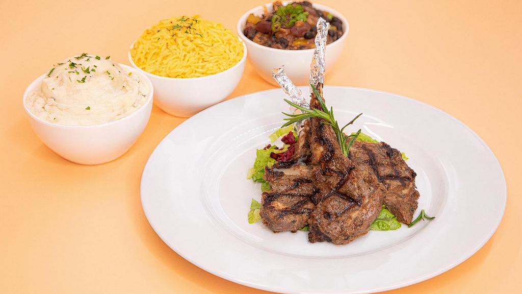 Lamb Chop (3 Pcs.) · Succulent lamb chops marinated with fresh thyme-rosemary, balsamic vinegar and garlic and grilled to perfection. Served with rice, mash and beans.