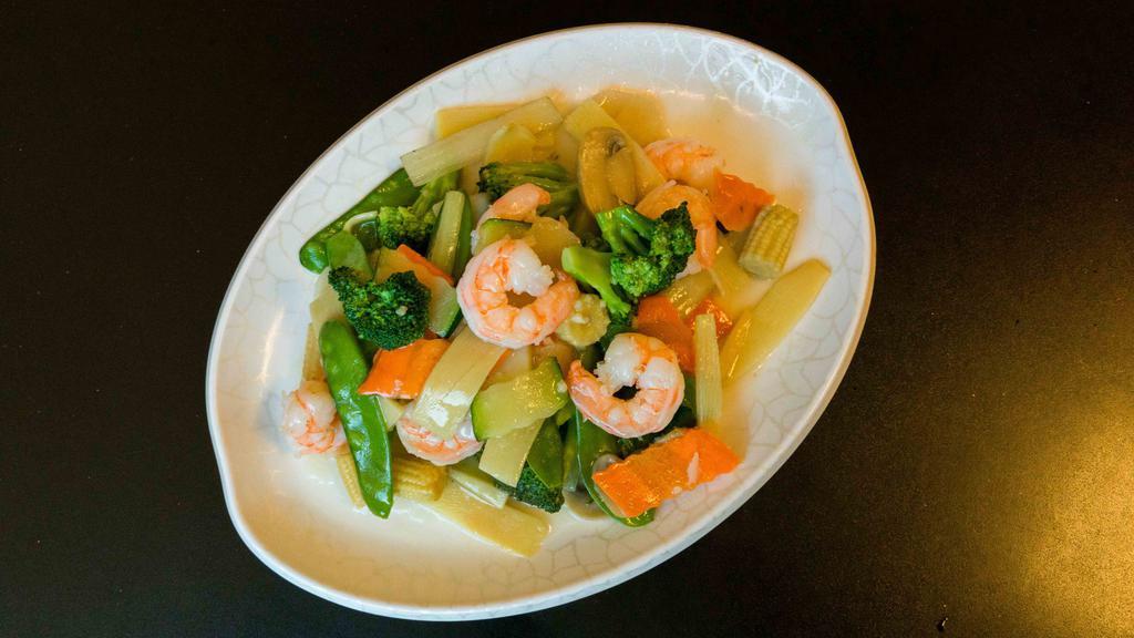 Shrimp With Mixed Vegetables · Served with white rice or brown rice.