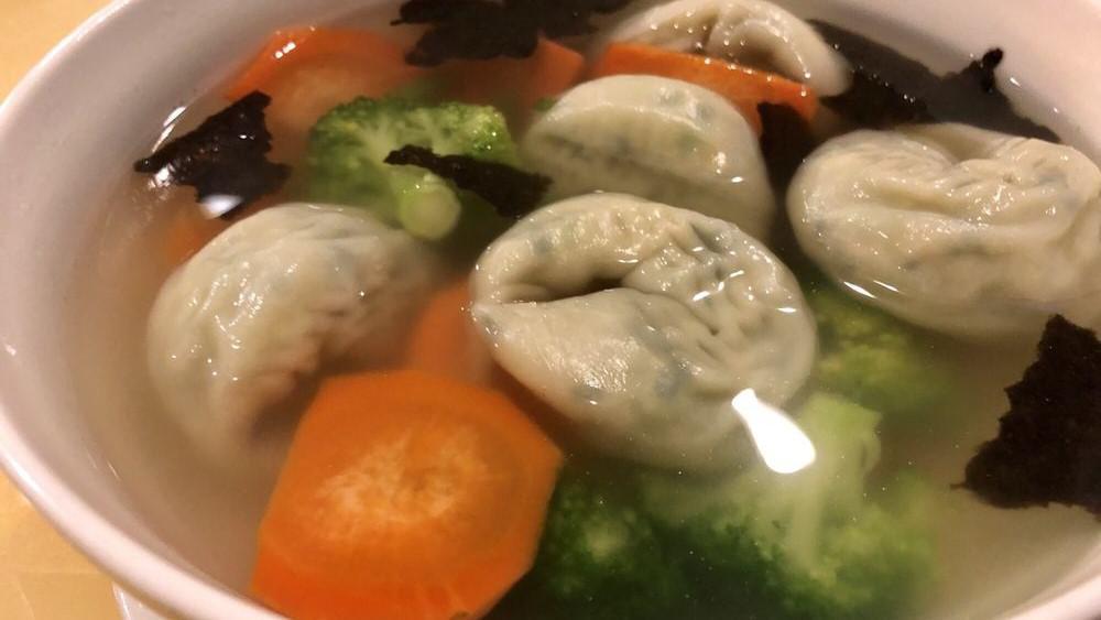 Wonton Soup · Delightful wontons with fresh mushrooms, carrots, broccoli, seaweed.