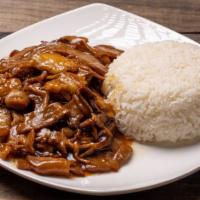 Pork Belly With Dried Bamboo Shoot Over Rice / 五花肉笋干飯 · Pork belly and dried bamboo shoot are braised together in a lightly sweet sauce. Served with...