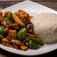 Beef With Bean Curd Over Rice / 豆腐牛肉飯 · Beef is stir-fried with bean curd, mushroom, bamboo shoot and topped with a light and sweet ...