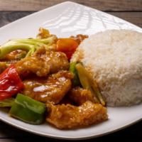 Sweet & Sour Boneless Fish Over Rice / 糖醋魚片飯 · Fish fillets are deep fried and braised with sweet and sour sauce. Served with rice. 
Ingred...