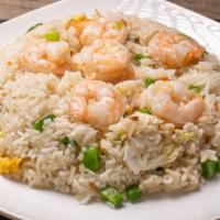 Shrimp Fried Rice / 虾炒飯 · Rice is fried with shrimp and various vegetables. Ingredients: shrimp, flat beans, green oni...