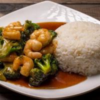 Shrimp W. Broccoli Over Rice / 芥兰虾飯 · Shrimp is stir-fried with broccoli and topped with light sauce. Served with rice. 
Ingredien...
