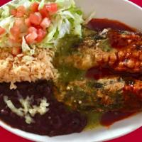 Chiles Rellenos · Fresh poblano chiles filled with a blend of cheese, battered & fried.