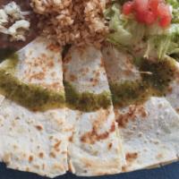 Chicken Or Beef Super Quesadilla · Cheese, salsa, guacamole, sour cream, tomatoes, in a grilled flour tortilla.