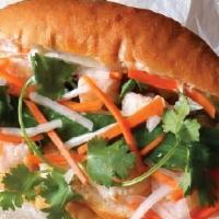 Shrimp Banh Mi Sandwich · Pickled radish carrot, cilantro, hot pepper, special sauce on french roll.
