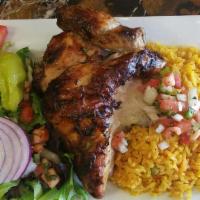 Half Peruvian Chicken Combo · 1/2 Peruvian BBQ chicken rice & salad