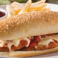 Chicken Parm. Sandwich On Hero · Jason's own marinara sauce ,smothered on frried Breaded Chicken top with Parmesan,Mozzarella...