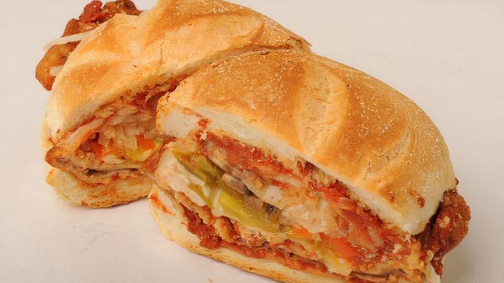 Godfather Sandwich On Hero · Sliced Steak, sauteed onion, red green pepper, marinara sauce, parmesan mozzarellas cheese.