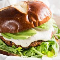 Sunshine Burger · Recommended. Vegan and soy free. Served with cashew-dill cheese, avocado, sweet chili mustar...