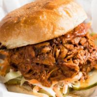 Bbq Pulled Jackfruit Sandwich · Recommended. Vegan. Hickory smoked jackfruit, BBQ sauce, cabbage slaw & pickles on a potato ...