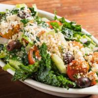 Greek Kale Salad · Vegan, gluten-free and soy free. Lacinato kale, romaine, red onion, bell pepper, cucumber, o...