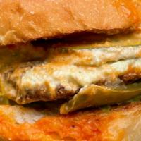 Hot Stuff Burger · House pickled jalapenos, house made buffalo sauce, cucumber, romaine, cashew dill cream chee...