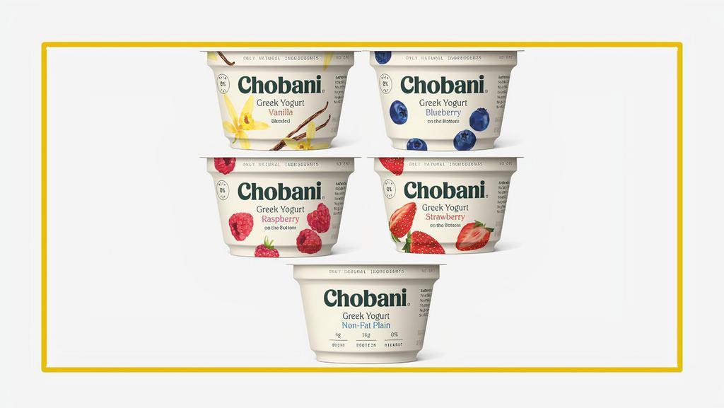Chobani Yogurt · Your choice of Plain, Vanilla, Strawberry, Blueberry and Rasberry.