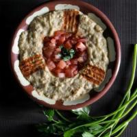 Baba Ghanouj · Baked eggplants with fresh diced tomatoes & onions