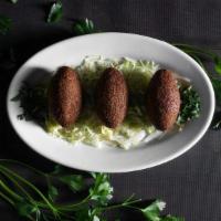 Kibbeh (3) · Bourgoul, ground beef & spices w/ meat, pine nuts & onions