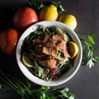 Fattoush Salad · Romaine lettuce, cucumbers, tomatoes, pita, vinegar & oil