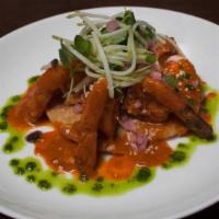 Camarones Toloache · Roasted garlic shrimp, crispy tortilla, black beans, chayote squash spaghettie salad, Mexica...