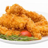 Chicken Fingers · Fresh batch of chicken fingers, served with celery, carrots, and honey mustard.