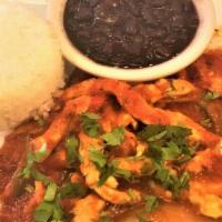 Pollo A La Mexicana · Sautéed Chicken breast pieces, onions and peppers in a red salsa.