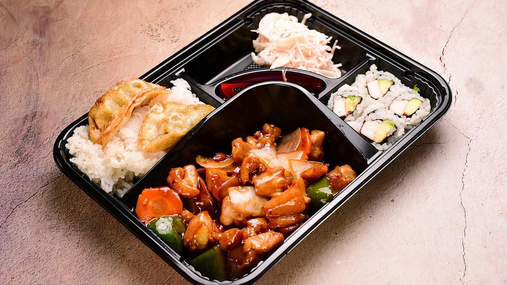 Dinner Bento Box - Chicken Teriyaki · includes rice, salad, gyoza, california roll and miso soup
