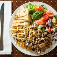 Mixed Beef & Chicken Gyro Platter · Most popular. Served over rice with, pita, salad and house sauce. Served with pita.
