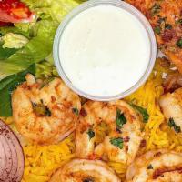 Salmon And Shrimp Platter Mixed · our famous marinated sea food feast with fresh grilled salmon and shrimp served with basmati...